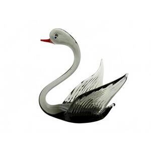 Vintage Hand Blown Art Glass Swan Figurine Black Gray Red Beak Murano-Style